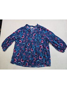 Andrée By Unit Womens Floral Print Top L Boho 3/4 Sleeve Blue/Pink